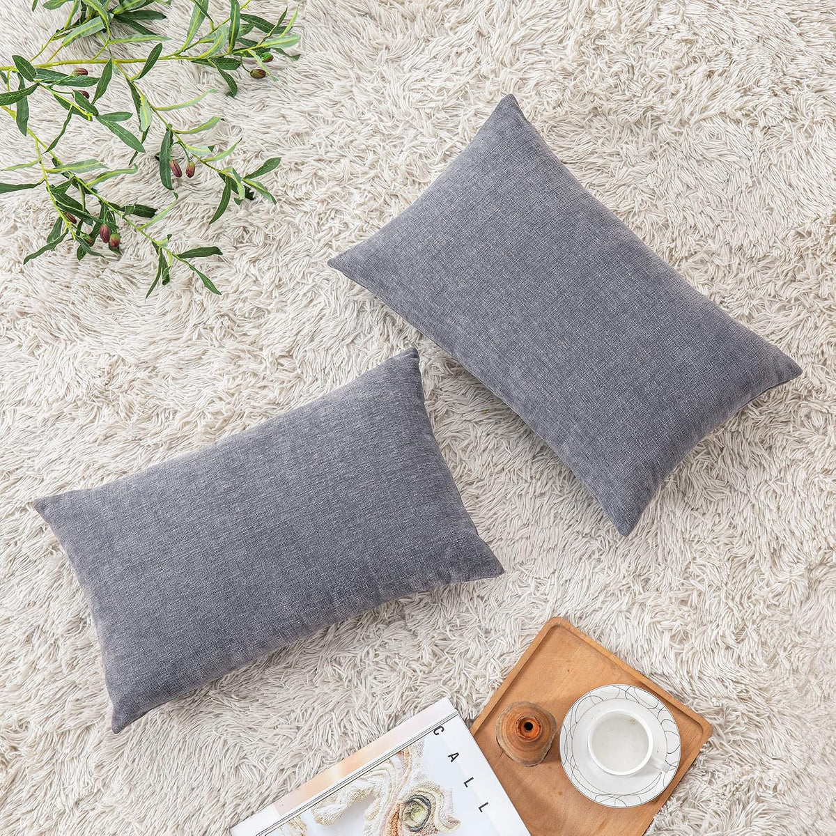 GAWAMAY Lumbar Support Pillow Decorative Rectangle Throw Pillow Covers 12"x20" Inch Set of 2, Soft Chenille Fall Pillowcase for Living Room Bedroom Sofa Couch Cushion Cover Grey 30x50cm (No Insert)