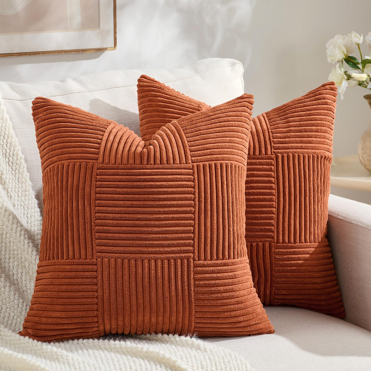 Fancy Homi Set of 2 Dark Gray Boho Decorative Throw Pillow Covers 18x18 Inch for Living Room Bedroom Couch Bed Sofa, Modern Farmhouse Home Decor, Soft Striped Plaid Corduroy Accent Cushion Case