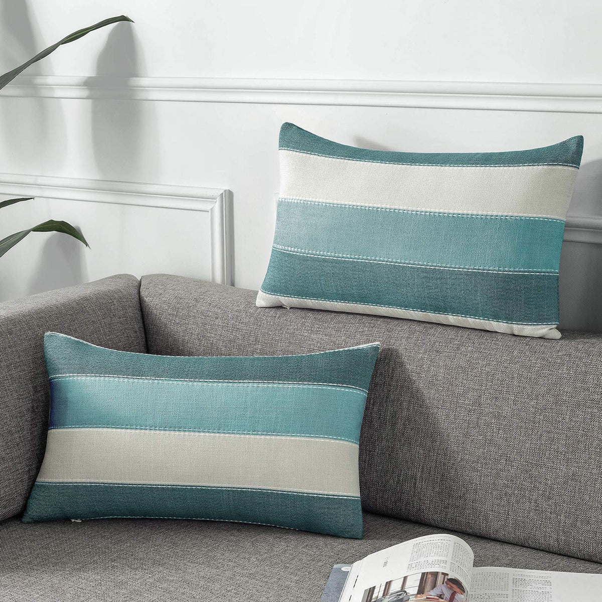 AmHoo Pack of 2 Farmhouse Stripe Check Throw Pillow Covers Set Case Cotton Linen Decorative Pillowcases Cushion Cover for Couch Bench Sofa 18x18Inch Dark Grey Beige