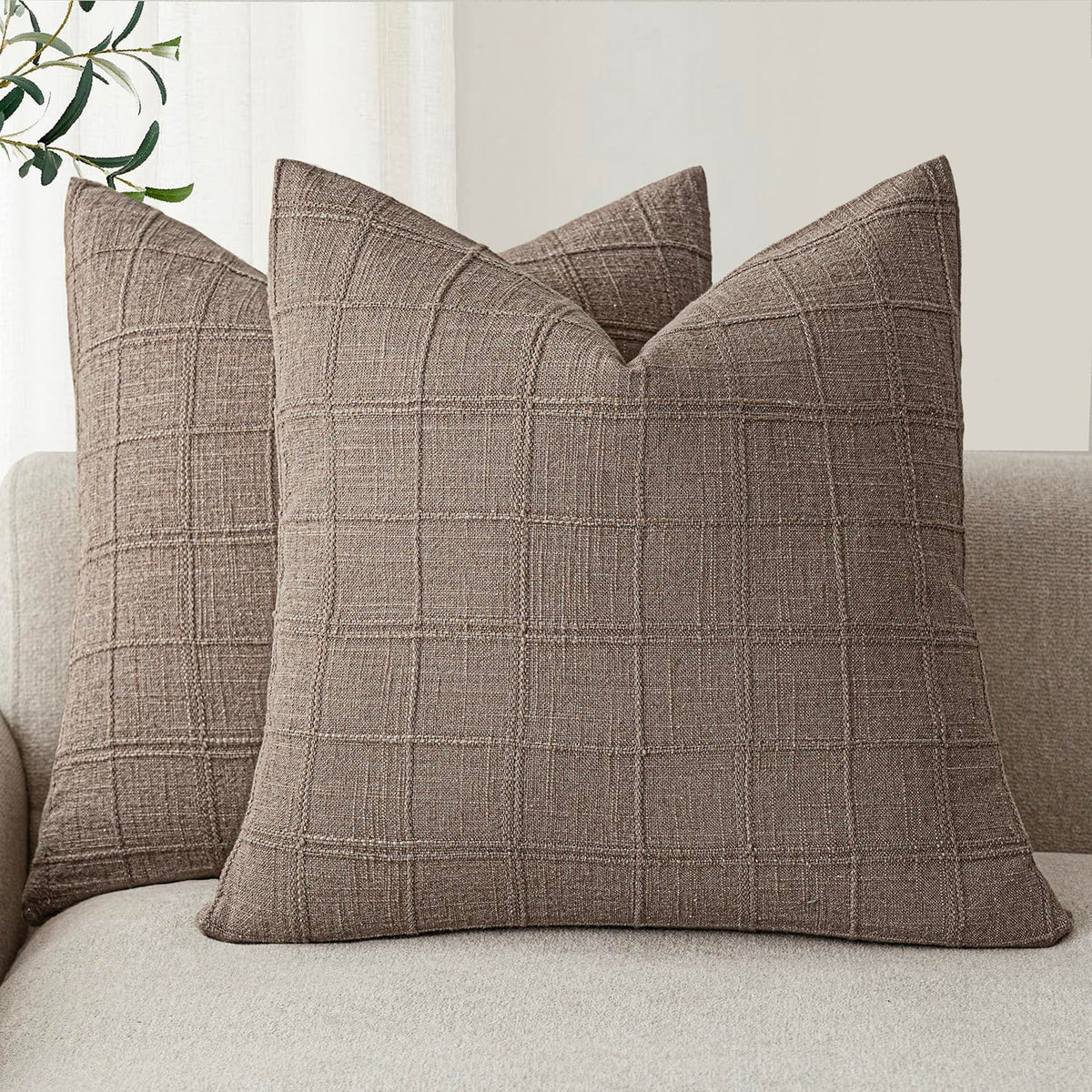 Foindtower Linen Check Decorative Throw Pillow Covers 18×18 Natural Beige