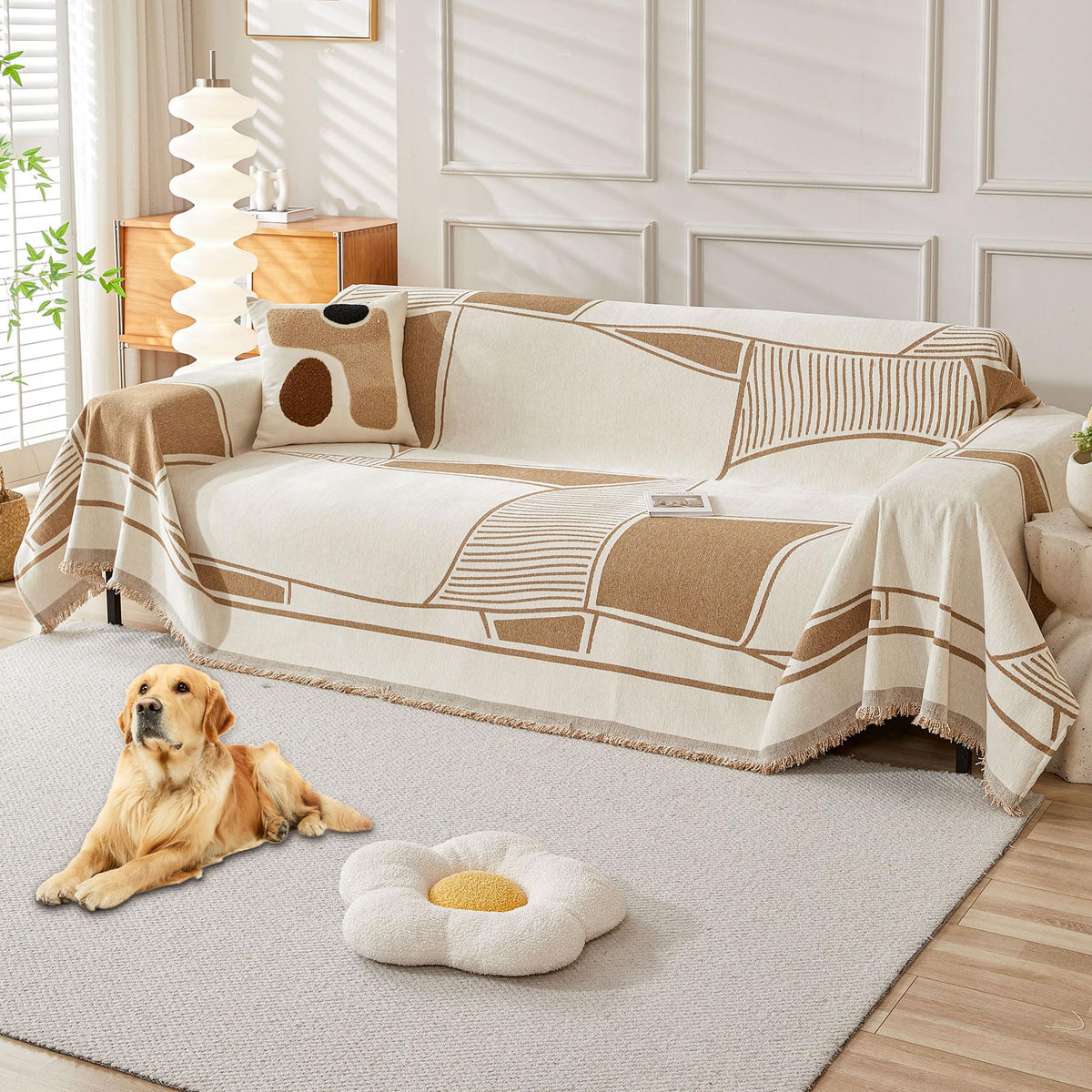 HAOMAIJIA Non Slip couch cover sofa covers for 3 cushion couch Washable sectional couch covers for Dogs pet Furniture Protector Couch Cover Blanket for Living Room (Off white, 91"x150")