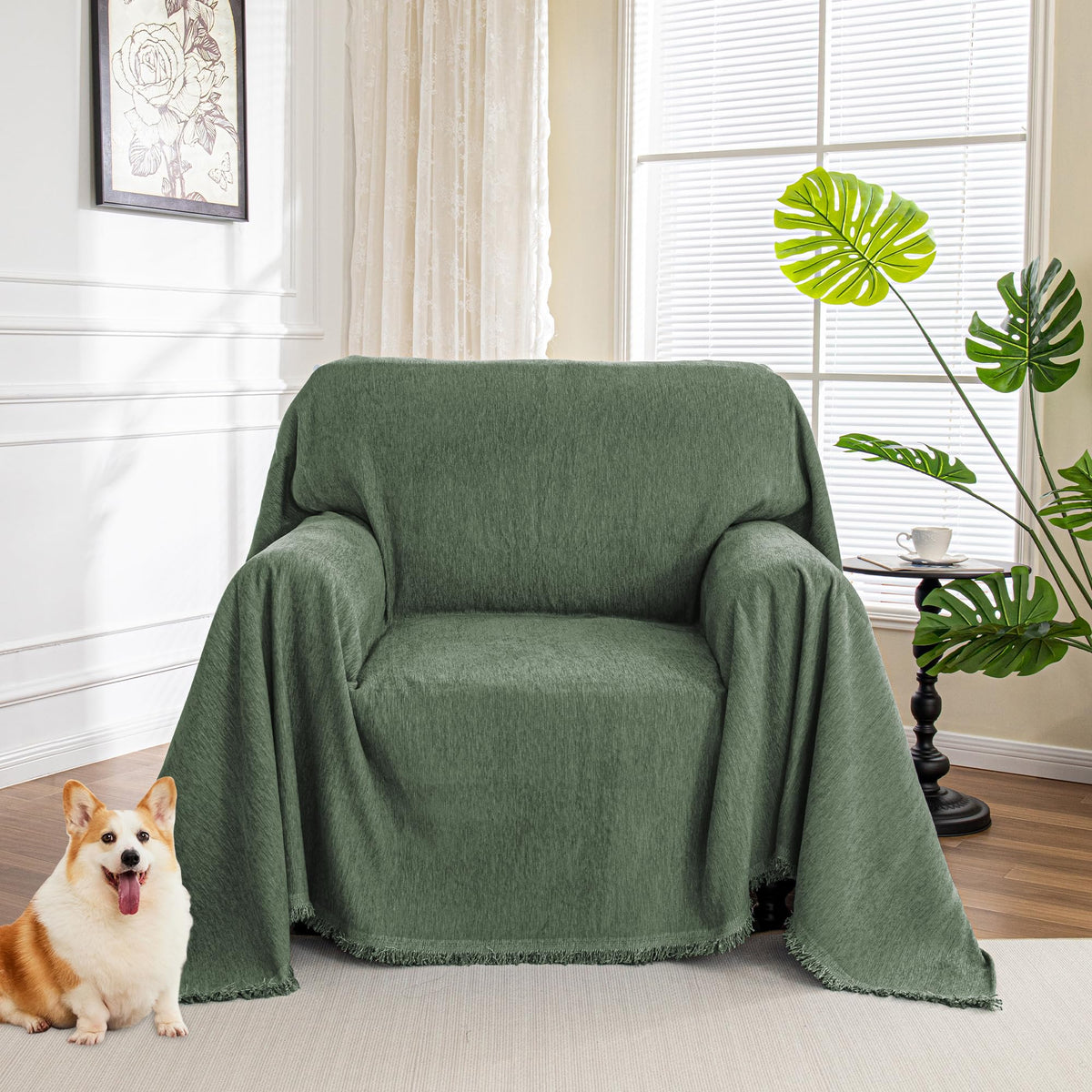 MYSKY HOME Couch Cover for Dogs, Washable Couch Covers, Non Slip Couch Sofa Cover, Couch Cover 2 Cushion Sofa Dogs Furniture Protector with Tassels Chenille Sofa Covers for Pets, 71"x118", Moss Green
