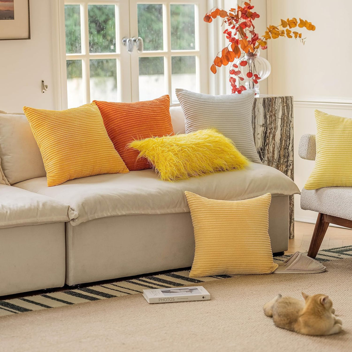 Home Brilliant Mustard Yellow Throw Pillow Cover 18x18 Decorative Plush Corduroy Striped Fall Decor Throw Pillow Cushion Cover for Couch Bed Decor, 18 x 18 (45x45), Sunflower Yellow