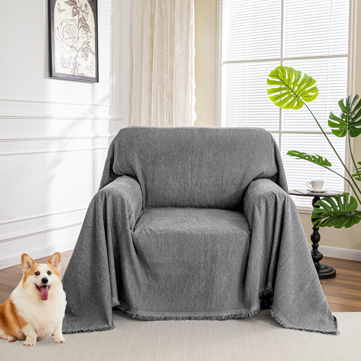 MYSKY HOME Couch Cover for Dogs, Washable Couch Covers, Non Slip Couch Sofa Cover, Couch Cover 2 Cushion Sofa Dogs Furniture Protector with Tassels Chenille Sofa Covers for Pets, 71"x118", Moss Green