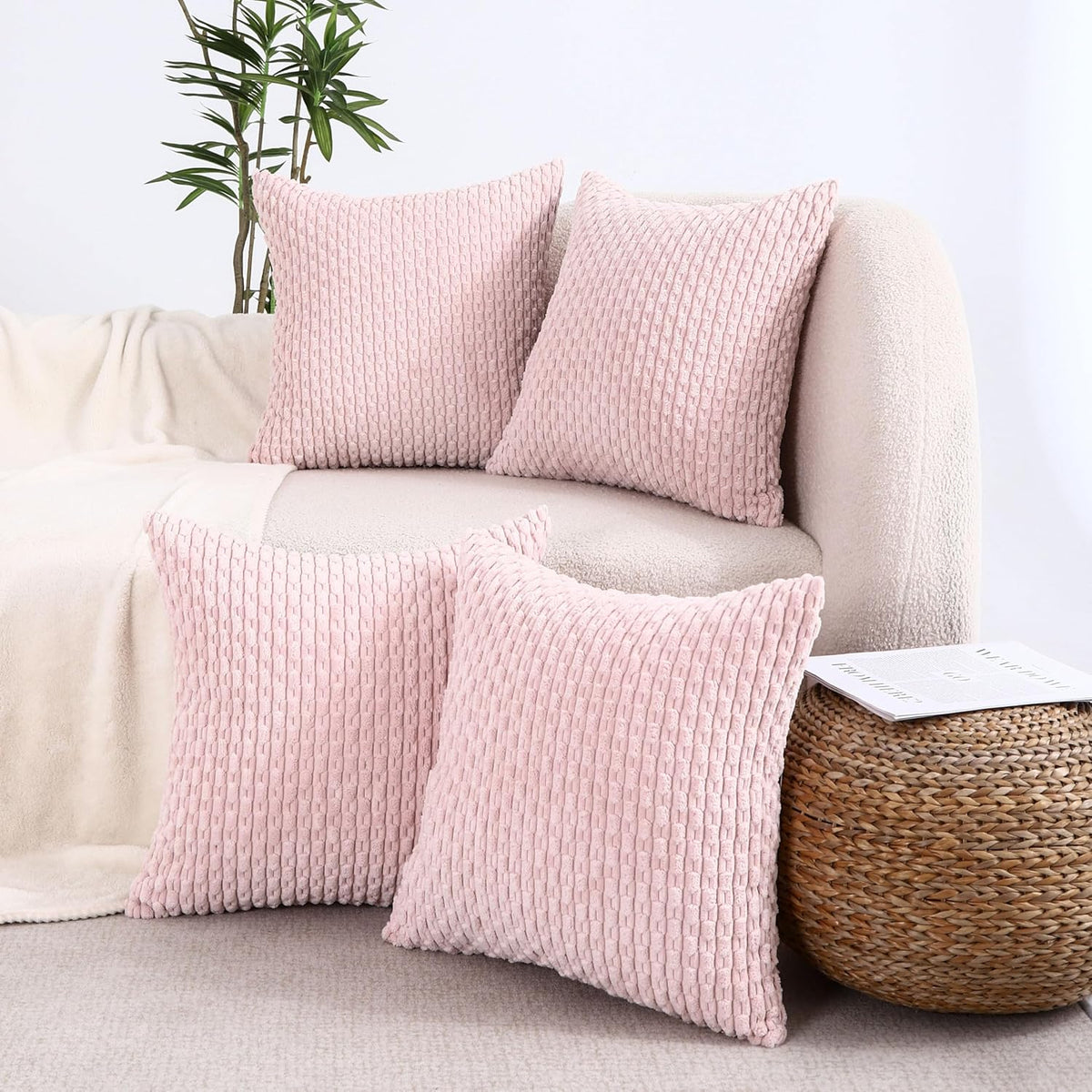 VAKADO Couch Throw Pillow Covers 18x18 Set of 4 Decorative Neutral Corduroy Boho Rustic Farmhouse Cushion Case Square for Home Decor Sofa Living Room Bed