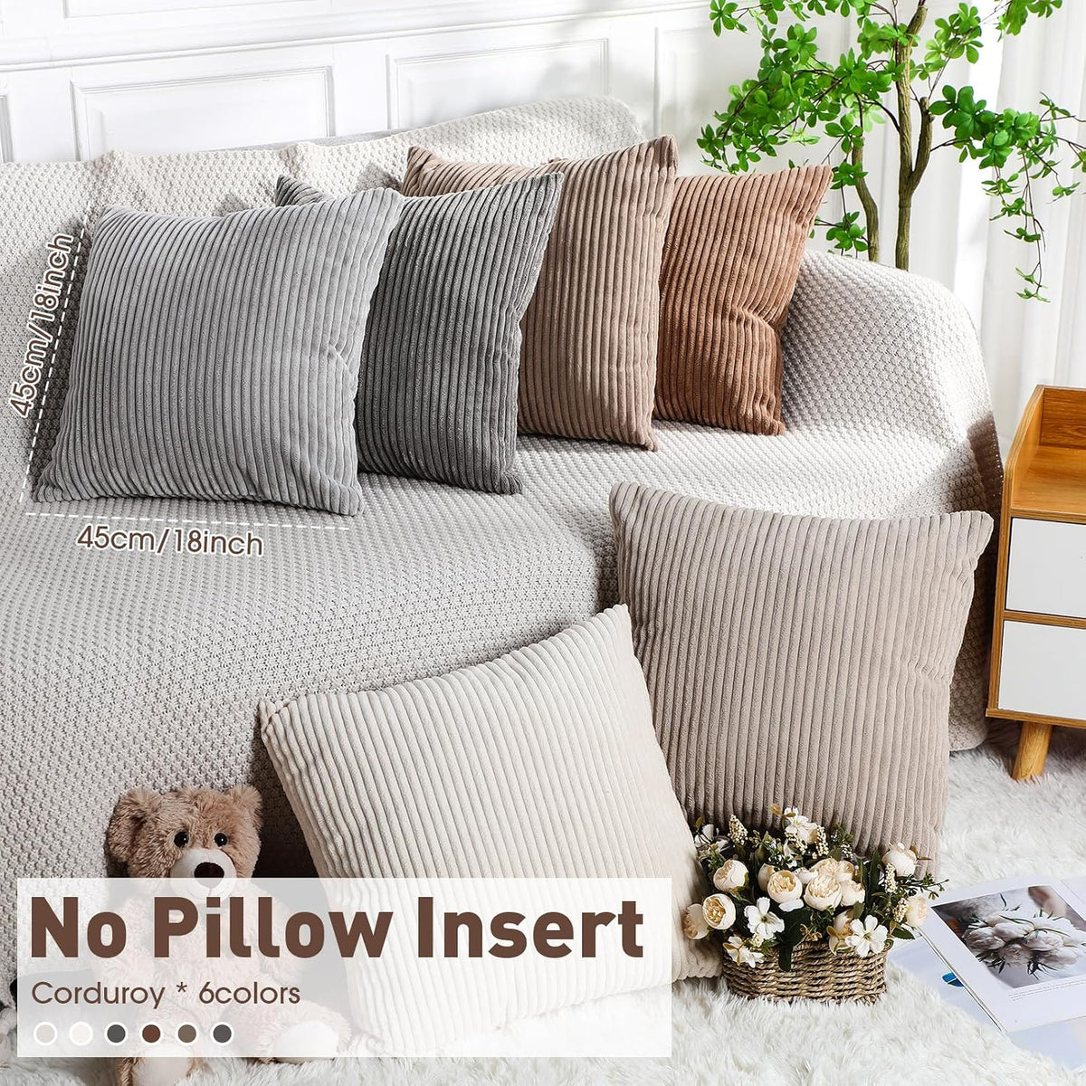 Colingmill 6 Pcs Fall Corduroy Pillow Covers Throw Cushion Cover,Neutral