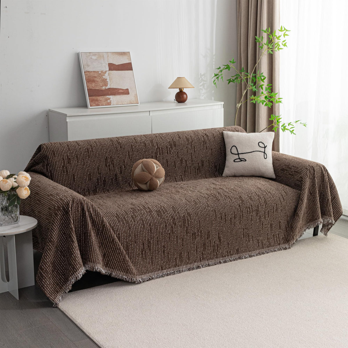 MYSKY HOME Couch Cover for Dogs, Washable Couch Covers, Non Slip Couch Sofa Cover, Couch Cover 2 Cushion Sofa Dogs Furniture Protector with Tassels Chenille Sofa Covers for Pets, 71"x118", Moss Green