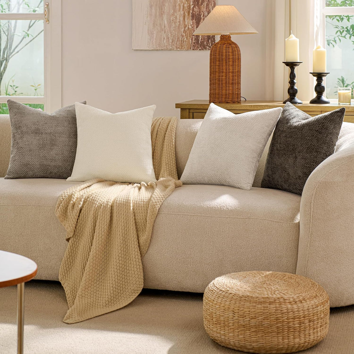 Throw Pillow Covers 18x18 Inch Pack of 4 Neutral Soft Decorative Chenille Pillow Covers Farmhouse Boho Couch Pillow Covers for Home Decor Sofa Bedroom Living Room Decor