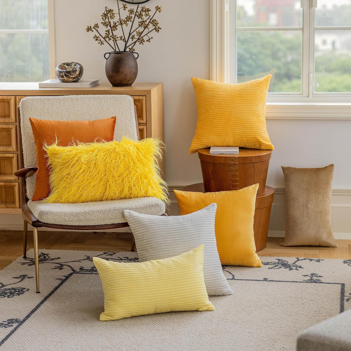 Home Brilliant Mustard Yellow Throw Pillow Cover 18x18 Decorative Plush Corduroy Striped Fall Decor Throw Pillow Cushion Cover for Couch Bed Decor, 18 x 18 (45x45), Sunflower Yellow