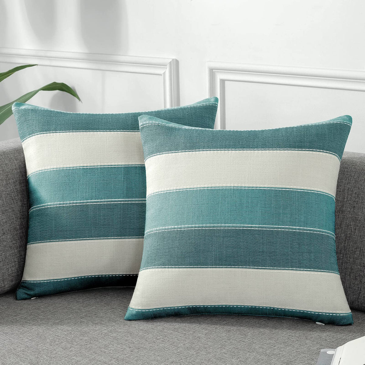 AmHoo Pack of 2 Farmhouse Stripe Check Throw Pillow Covers Set Case Cotton Linen Decorative Pillowcases Cushion Cover for Couch Bench Sofa 18x18Inch Dark Grey Beige
