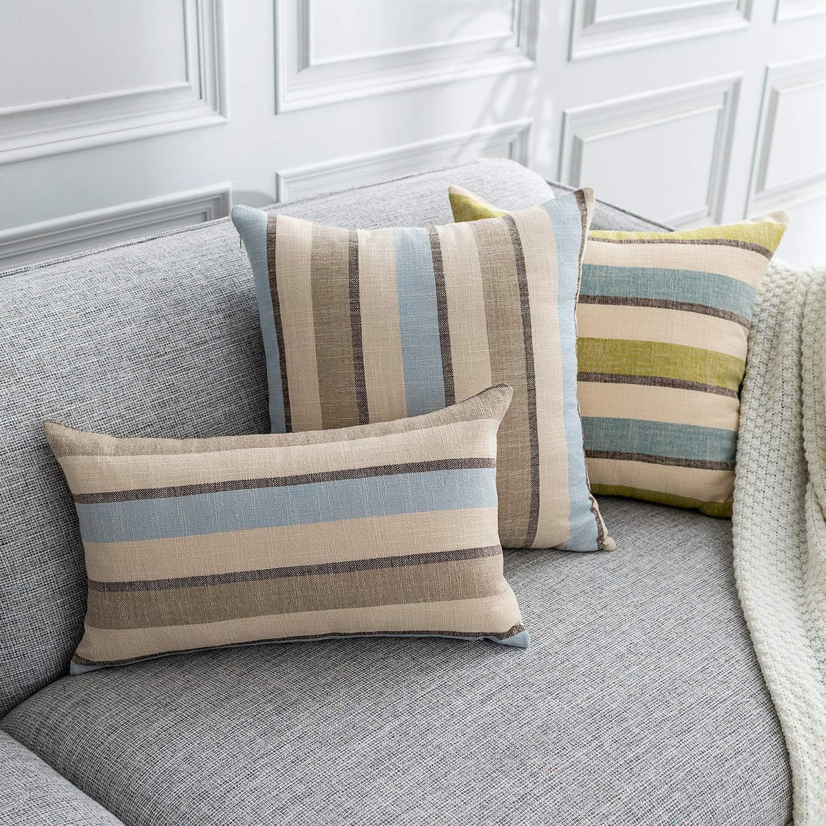 2 Pieces Decorative Classic Retro Stripe Throw Pillow Cover Soft Faux Linen Modern Farmhouse Lumbar Cushion Case for Sofa Bedroom Car 12 x 20 Inch Grey Blue Mixed