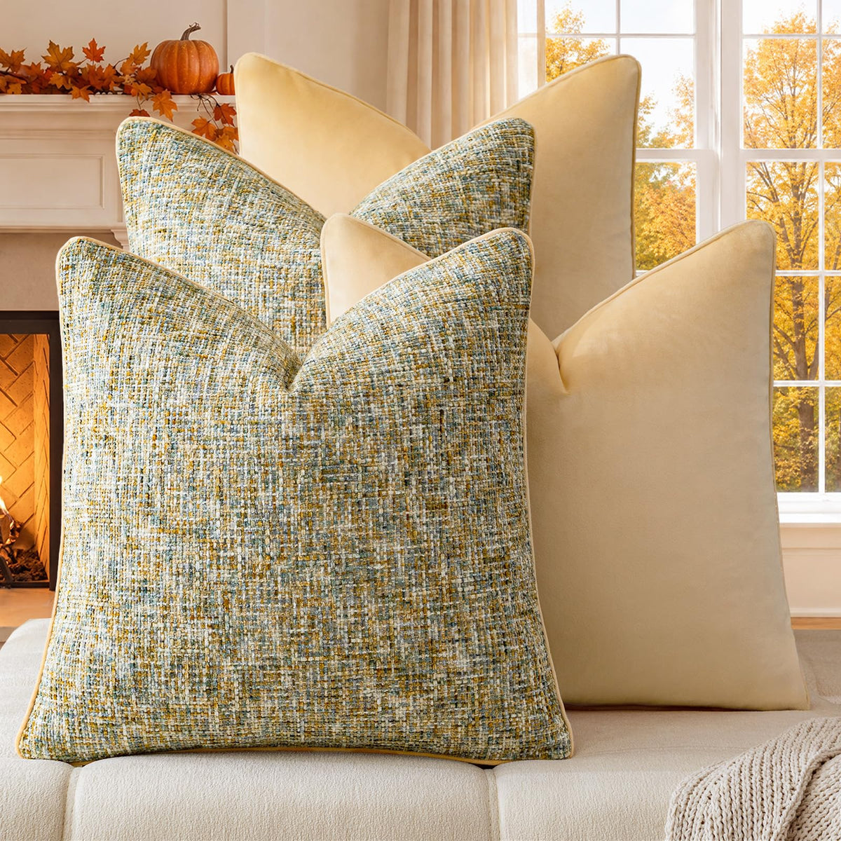 a moment Khaki 4 Pack Throw Pillow Covers - Chenille & Velvet Set with Piping, Farmhouse Textured Design Cushion Cases for Couch Sofa Bed (18x18 Inch, No Insert)