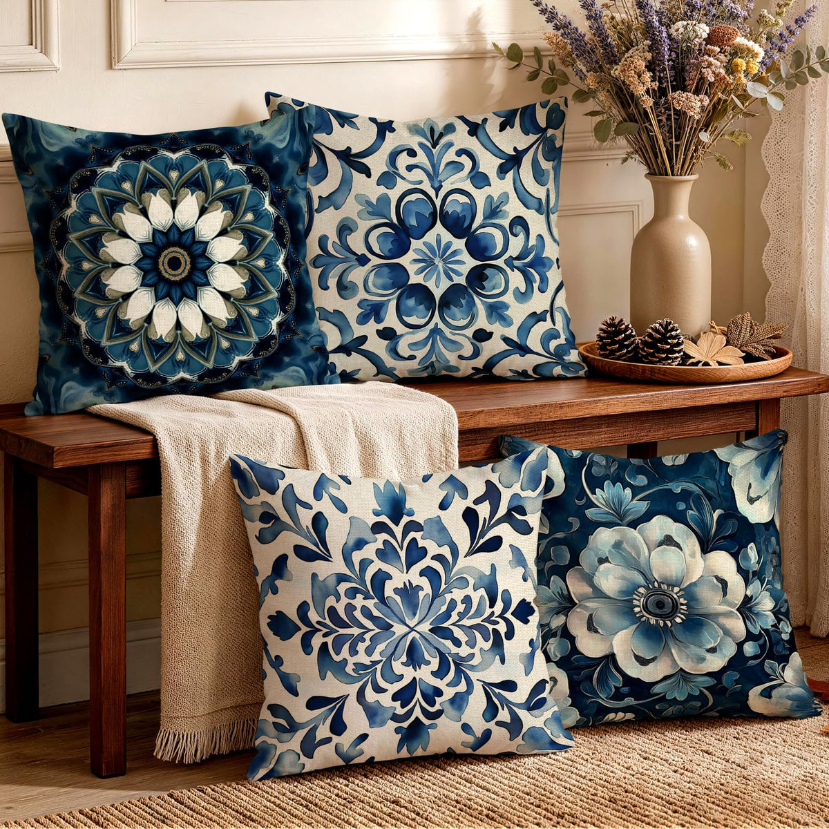 OBSEDE Rustic Neutral Boho Floral Throw Pillow Covers 18x18 Inch Set of 4
