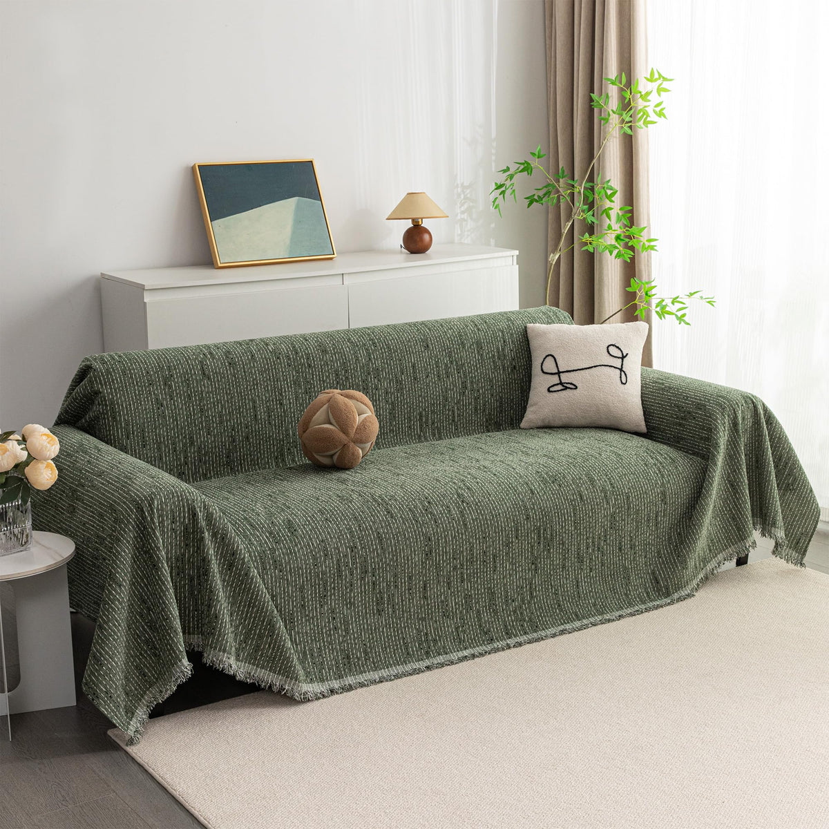 MYSKY HOME Couch Cover for Dogs, Washable Couch Covers, Non Slip Couch Sofa Cover, Couch Cover 2 Cushion Sofa Dogs Furniture Protector with Tassels Chenille Sofa Covers for Pets, 71"x118", Moss Green