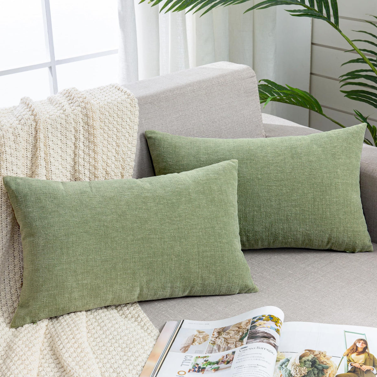 GAWAMAY Lumbar Support Pillow Decorative Rectangle Throw Pillow Covers 12"x20" Inch Set of 2, Soft Chenille Fall Pillowcase for Living Room Bedroom Sofa Couch Cushion Cover Grey 30x50cm (No Insert)
