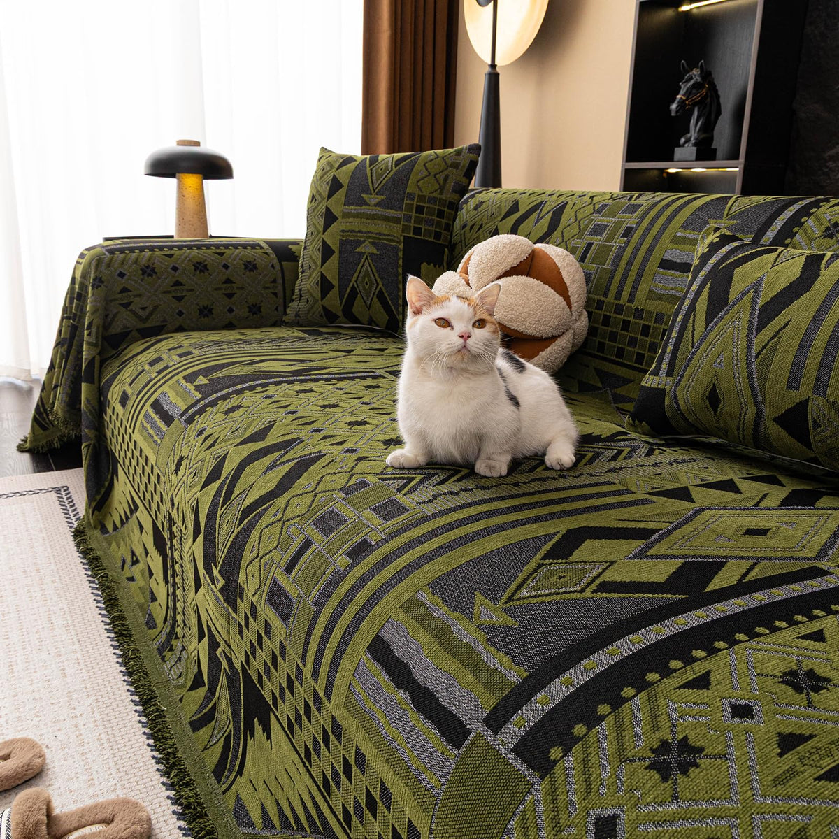 ROOMLIFE Thicked Striped Couch Cover with Tassel Blue Chenille Sofa Cover Blanket for Sectional Sofa, Soft Sofa Slipcovers for L Shaped Love Seat 2-3 Cushion Couch Anti Slip Sofa Protector, 71"x118"