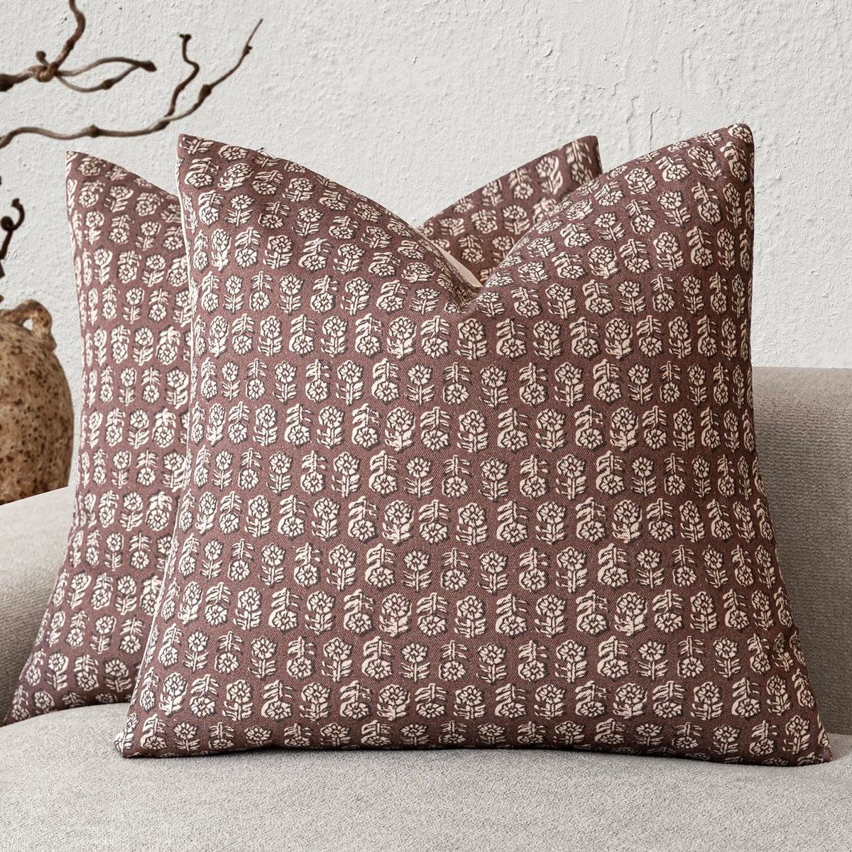 Foindtower Decorative Floral Print Throw Pillow Covers 18×18 Inch,Tan Taupe