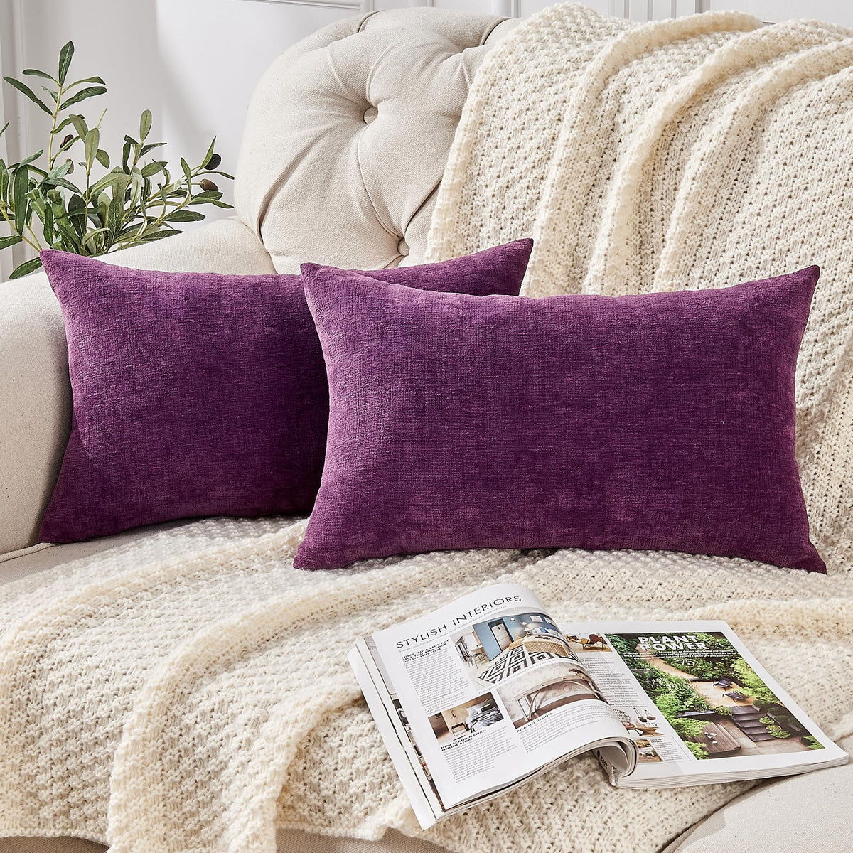 GAWAMAY Lumbar Support Pillow Decorative Rectangle Throw Pillow Covers 12"x20" Inch Set of 2, Soft Chenille Fall Pillowcase for Living Room Bedroom Sofa Couch Cushion Cover Grey 30x50cm (No Insert)