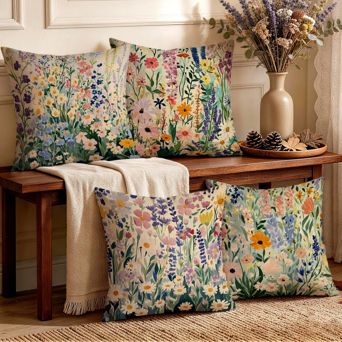 OBSEDE Rustic Neutral Boho Floral Throw Pillow Covers 18x18 Inch Set of 4