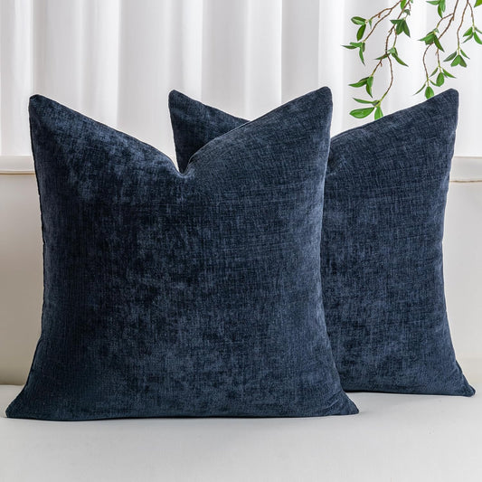 Pack of 2 Chenille Decorative Throw Pillow Covers 18x18 Inch Navy Blue