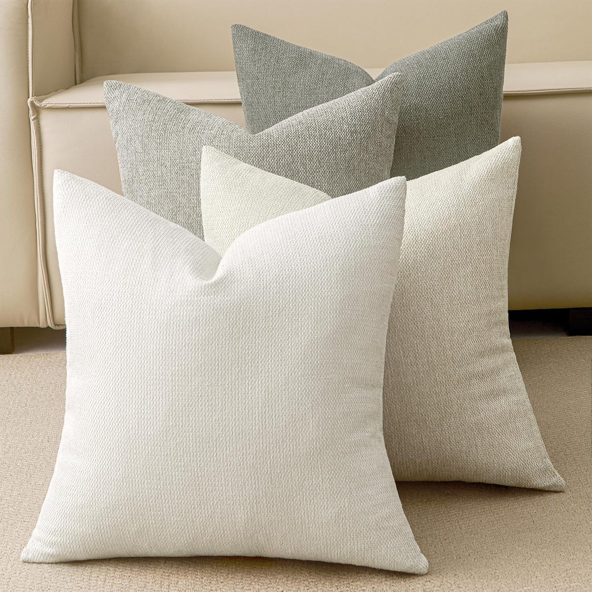 Natural Linen Look Throw Pillow Covers 18x18 Inch Set of 4, Textured Woven Decorative Pillow Covers, Neutral Square Cushion Covers for Couch Sofa Living Room Bedroom, Ivory Cream
