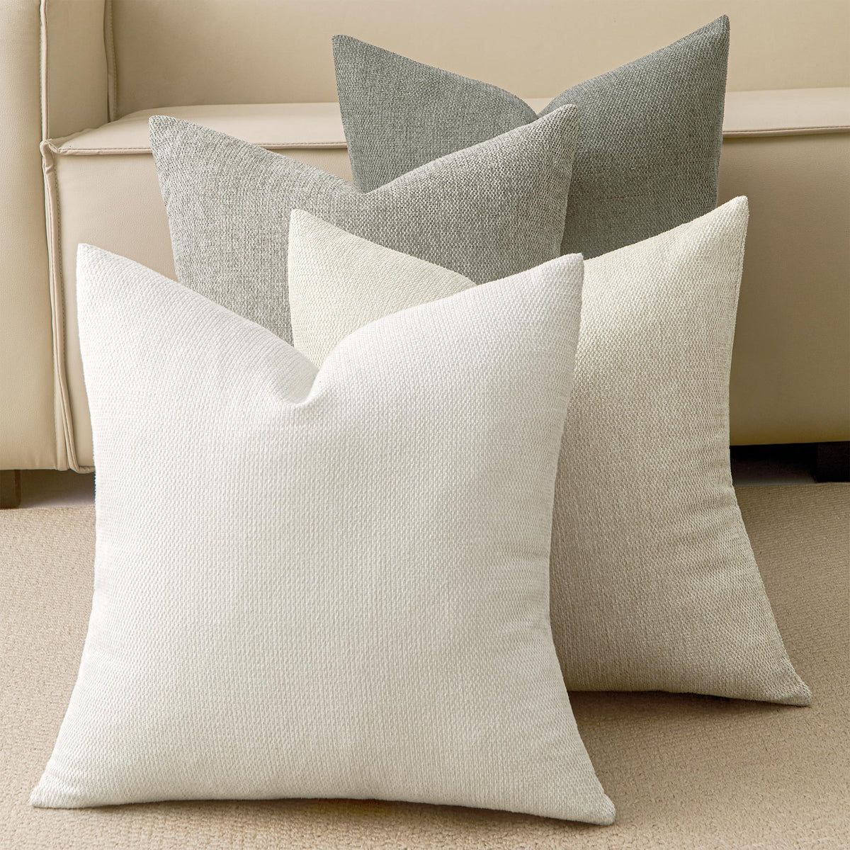 Natural Linen Look Throw Pillow Covers 18x18 Inch Set of 4, Textured Woven Decorative Pillow Covers, Neutral Square Cushion Covers for Couch Sofa Living Room Bedroom, Ivory Cream