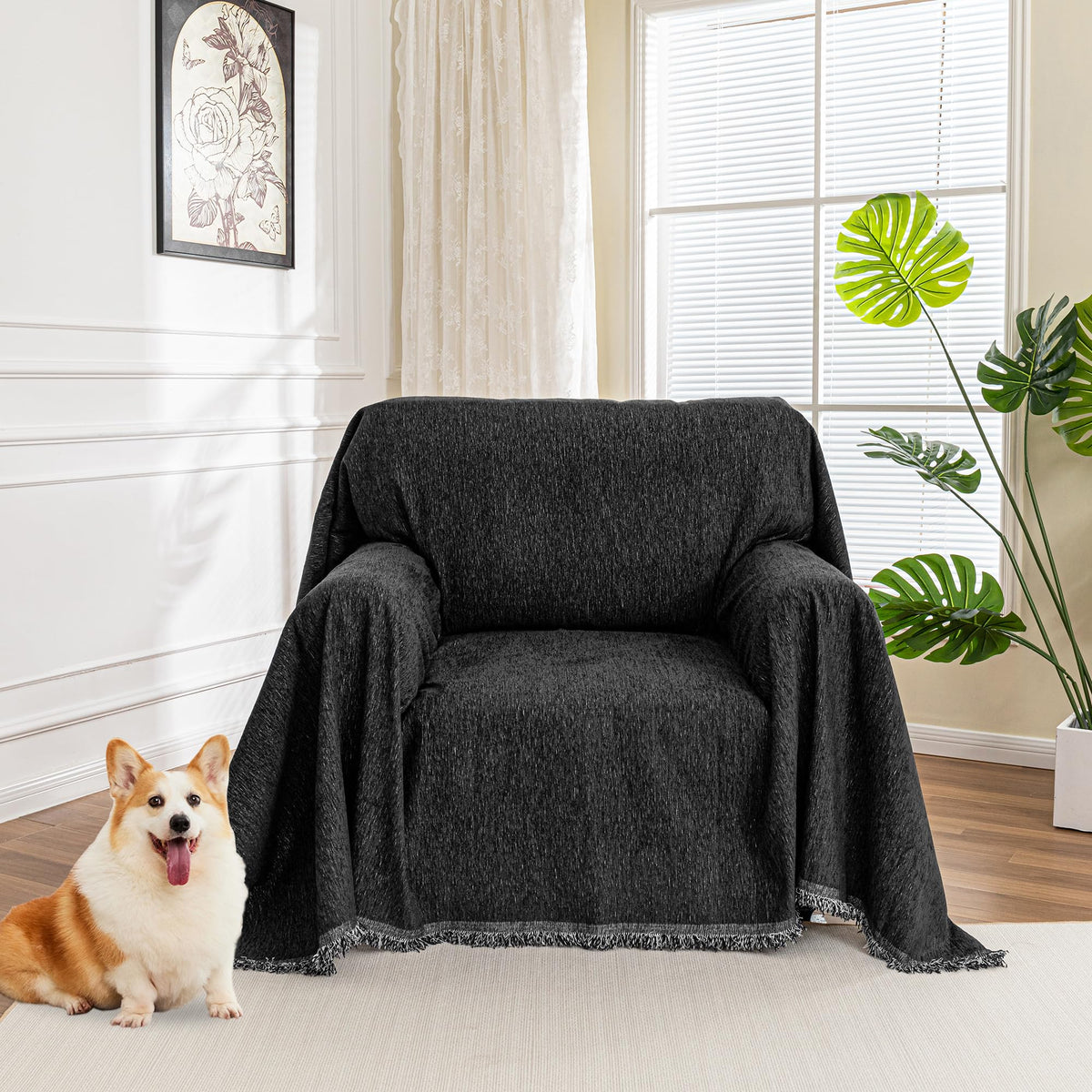 MYSKY HOME Couch Cover for Dogs, Washable Couch Covers, Non Slip Couch Sofa Cover, Couch Cover 2 Cushion Sofa Dogs Furniture Protector with Tassels Chenille Sofa Covers for Pets, 71"x118", Moss Green