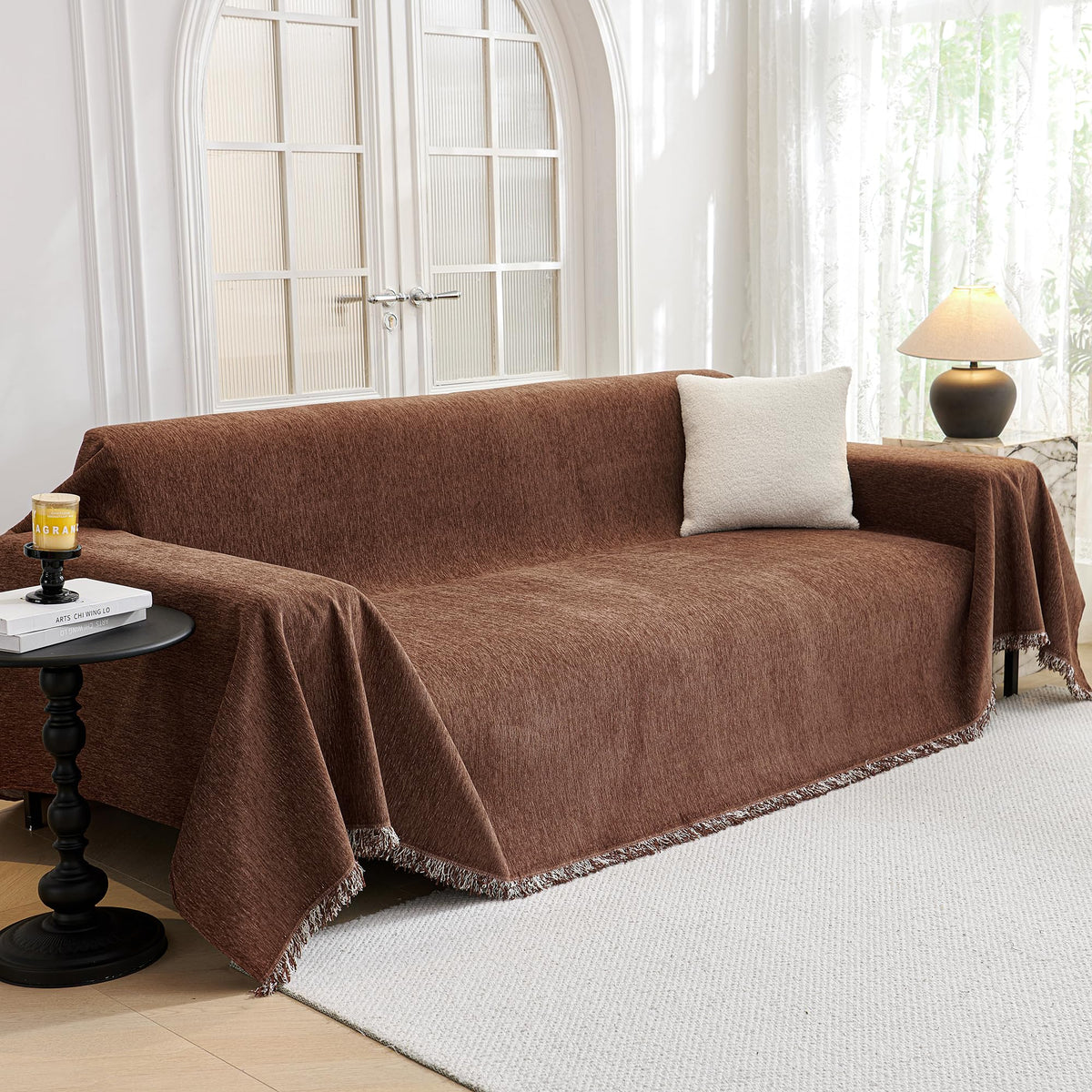 MYSKY HOME Couch Cover for Dogs, Washable Couch Covers, Non Slip Couch Sofa Cover, Couch Cover 2 Cushion Sofa Dogs Furniture Protector with Tassels Chenille Sofa Covers for Pets, 71"x118", Moss Green