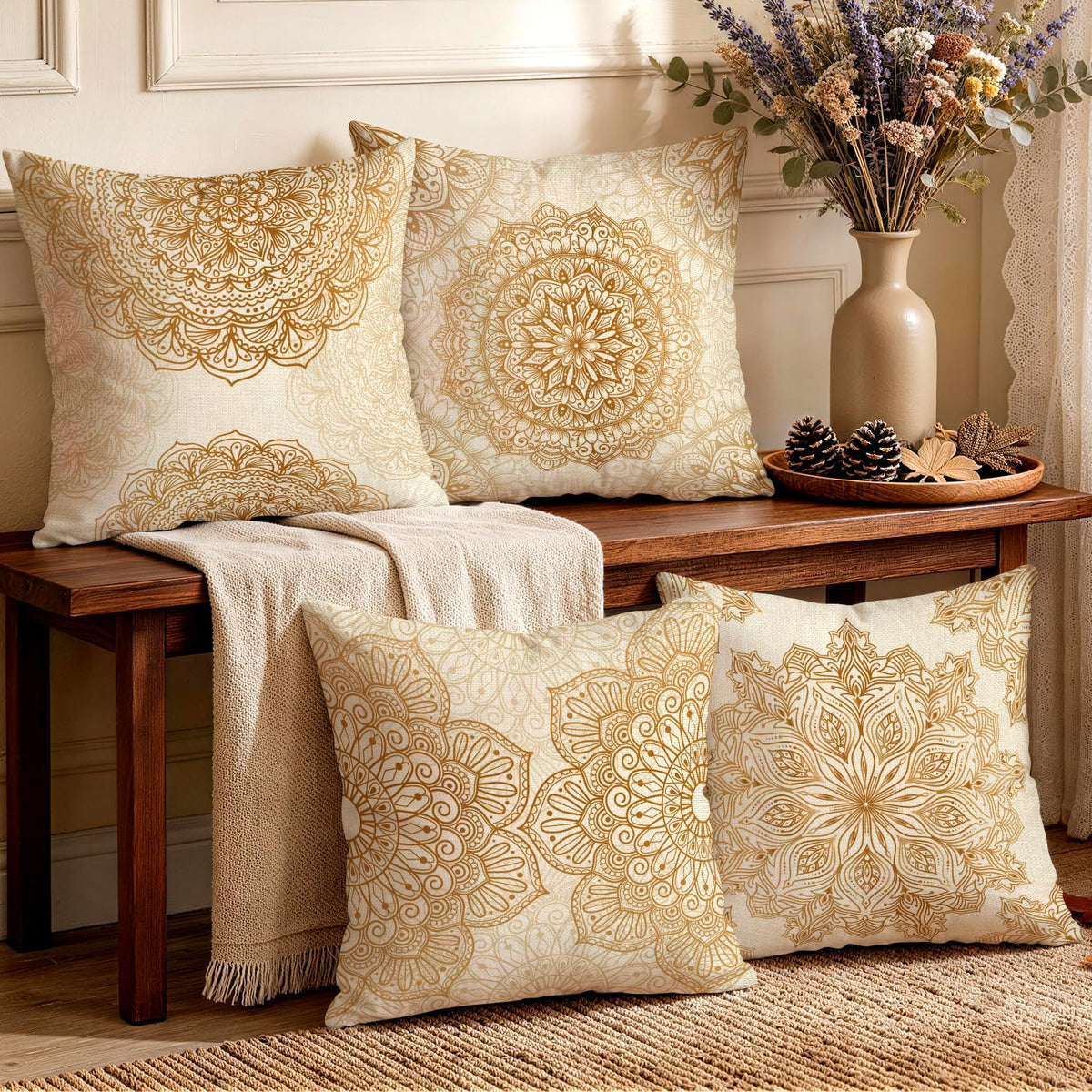 OBSEDE Rustic Neutral Boho Floral Throw Pillow Covers 18x18 Inch Set of 4