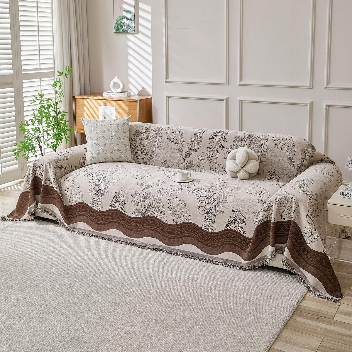 DREAMINGO Green Floral Couch Cover Farmhouse Botanical Jacquard Sofa Covers for 2 Cushion Couch Cozy Chenille Living Room Furniture Loveseat Sectional Sofa Slipcovers Washable, Large 71"x118"