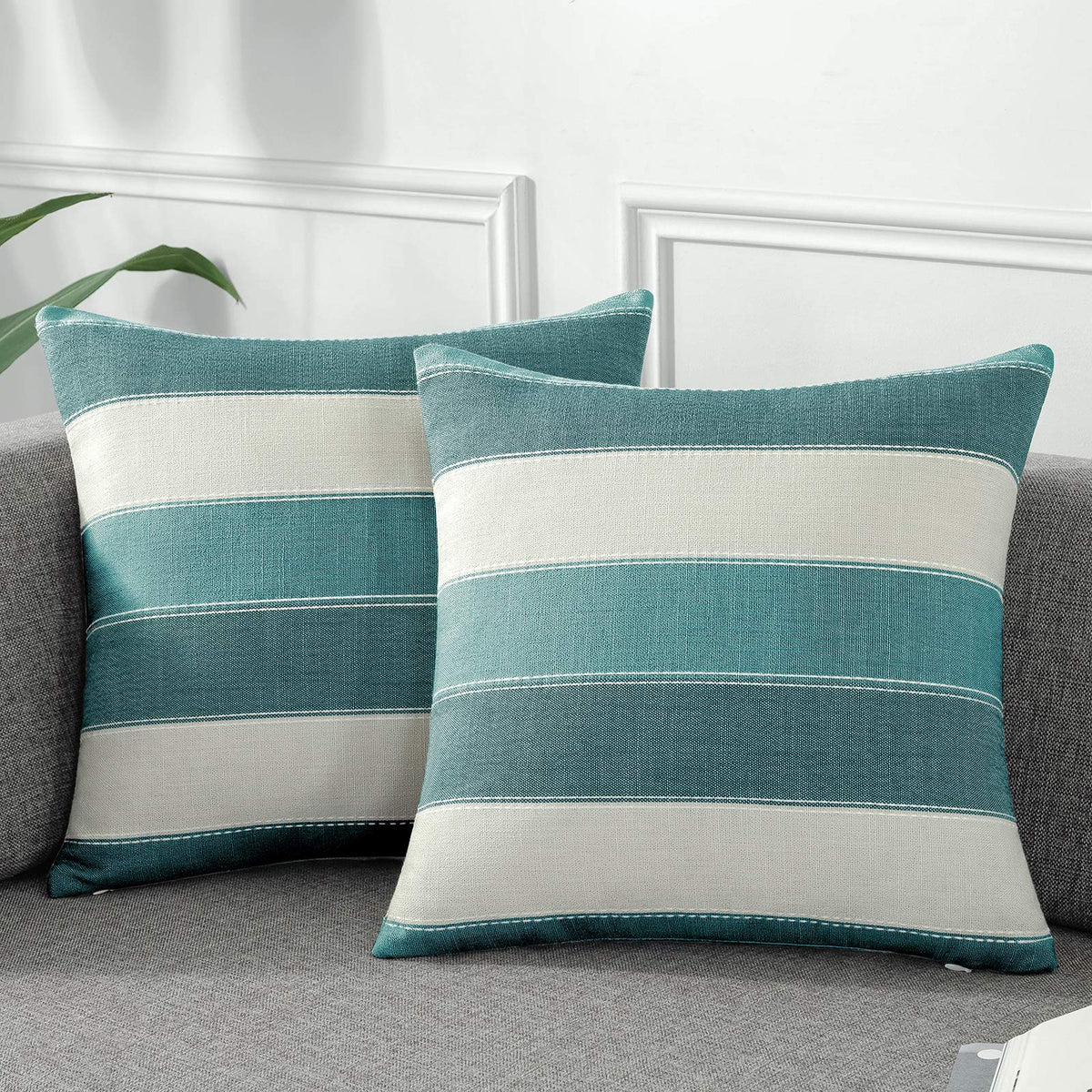 AmHoo Pack of 2 Farmhouse Stripe Check Throw Pillow Covers Set Case Cotton Linen Decorative Pillowcases Cushion Cover for Couch Bench Sofa 18x18Inch Dark Grey Beige