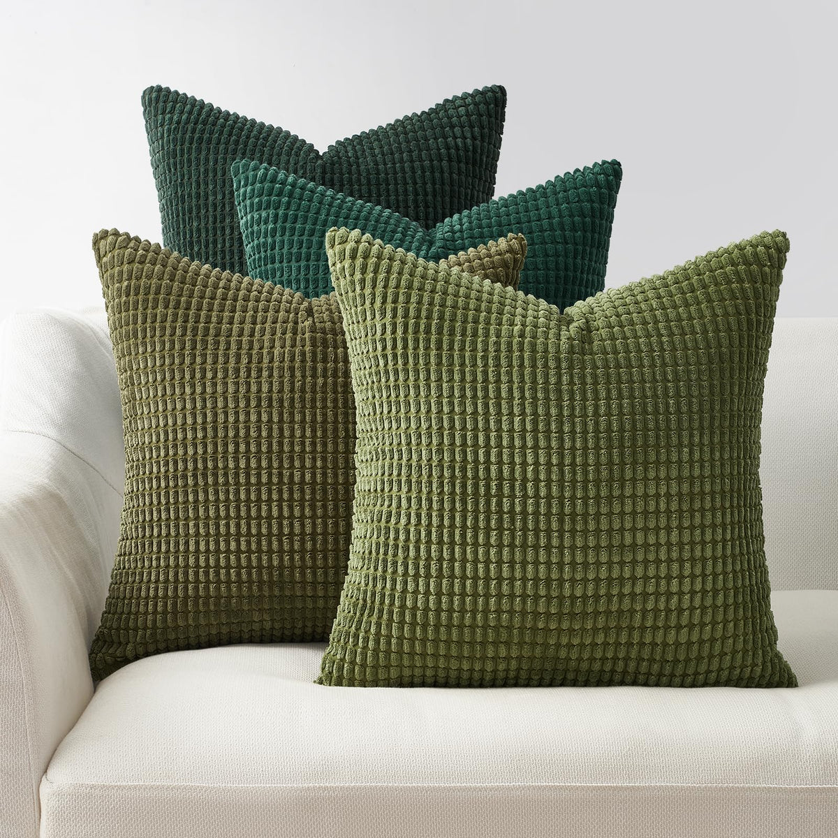 Topfinel Boho SageGreen Throw Pillow Covers for Couch Living Room,Summer Green Cushion Covers Room Decorative Fluffy Corduroy,Nordic Cushion Cover 18x18 Inch Set of 4 (Green/LightGreen/OliveGreen)