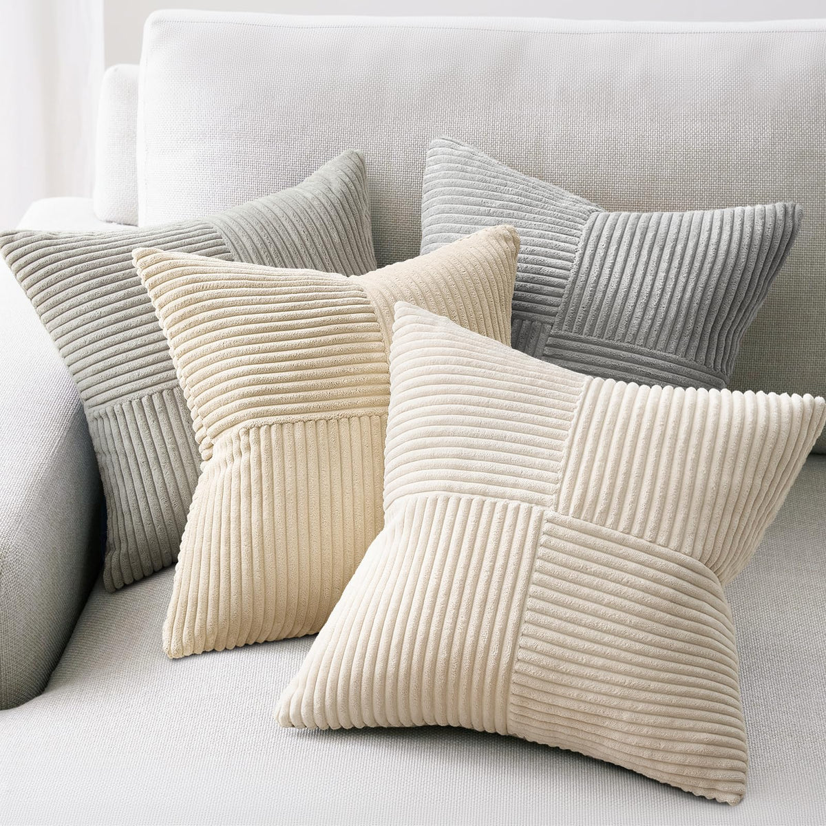 Topfinel Decorative Neutral Gray Throw Pillow Covers for Couch,Boho Cozy Soft Cushion Covers Set of 4 with Corduroy,Accent Pillowcases for Sofa,Bed,Living Room Home Decor 18×18 Inch (Cream,Grey)
