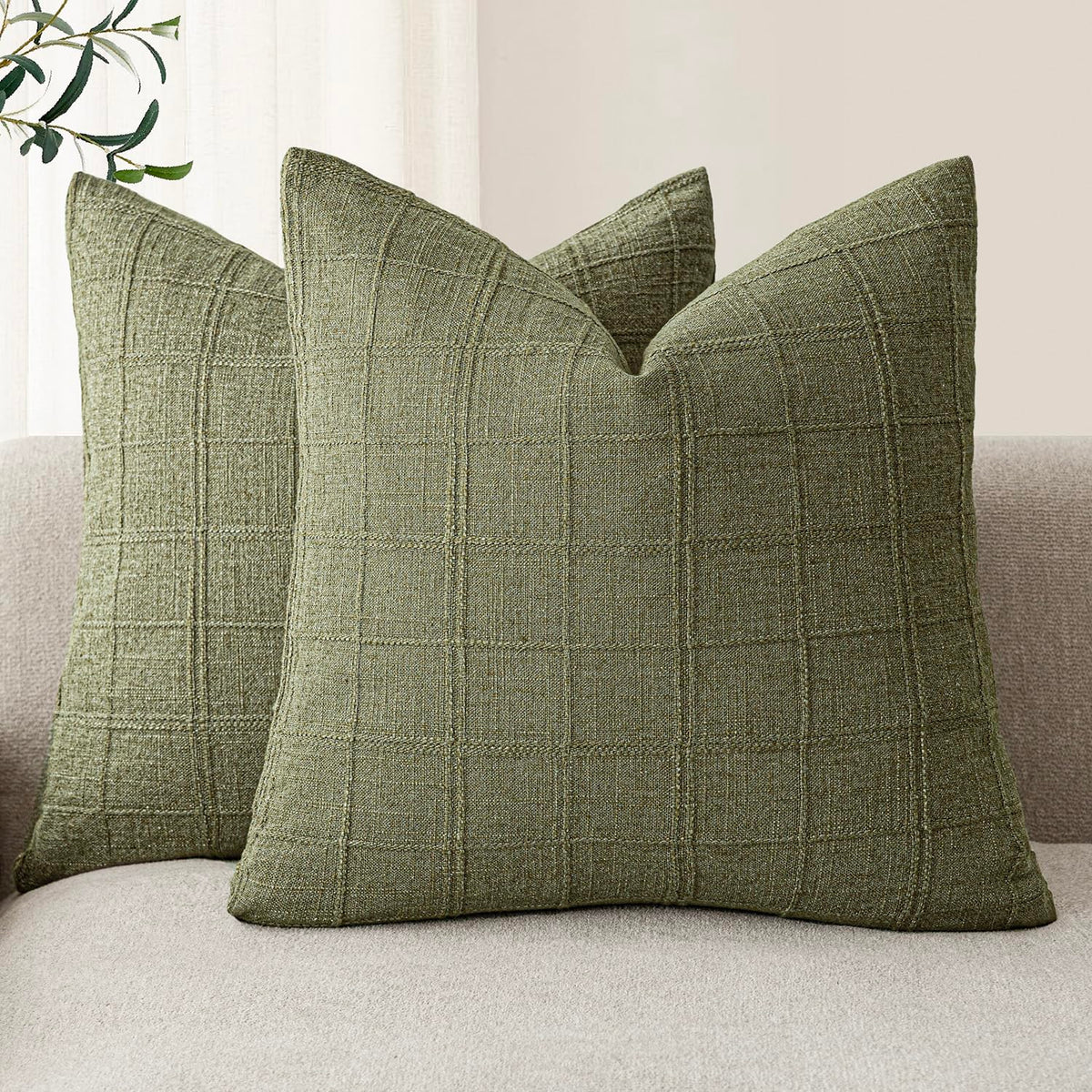 Foindtower Linen Check Decorative Throw Pillow Covers 18×18 Natural Beige