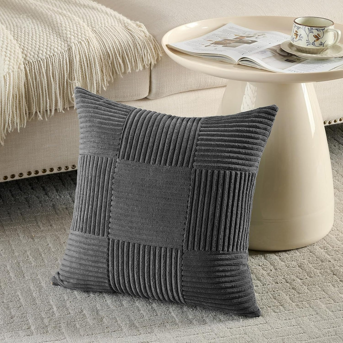 Fancy Homi Set of 2 Dark Gray Boho Decorative Throw Pillow Covers 18x18 Inch for Living Room Bedroom Couch Bed Sofa, Modern Farmhouse Home Decor, Soft Striped Plaid Corduroy Accent Cushion Case