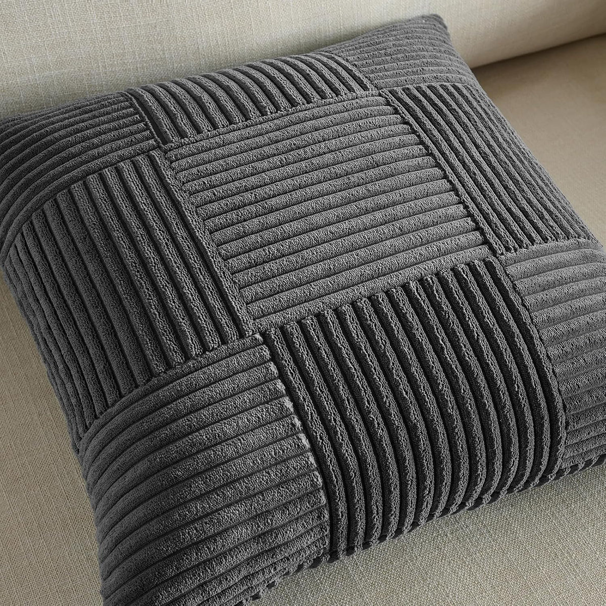 Fancy Homi Set of 2 Dark Gray Boho Decorative Throw Pillow Covers 18x18 Inch for Living Room Bedroom Couch Bed Sofa, Modern Farmhouse Home Decor, Soft Striped Plaid Corduroy Accent Cushion Case