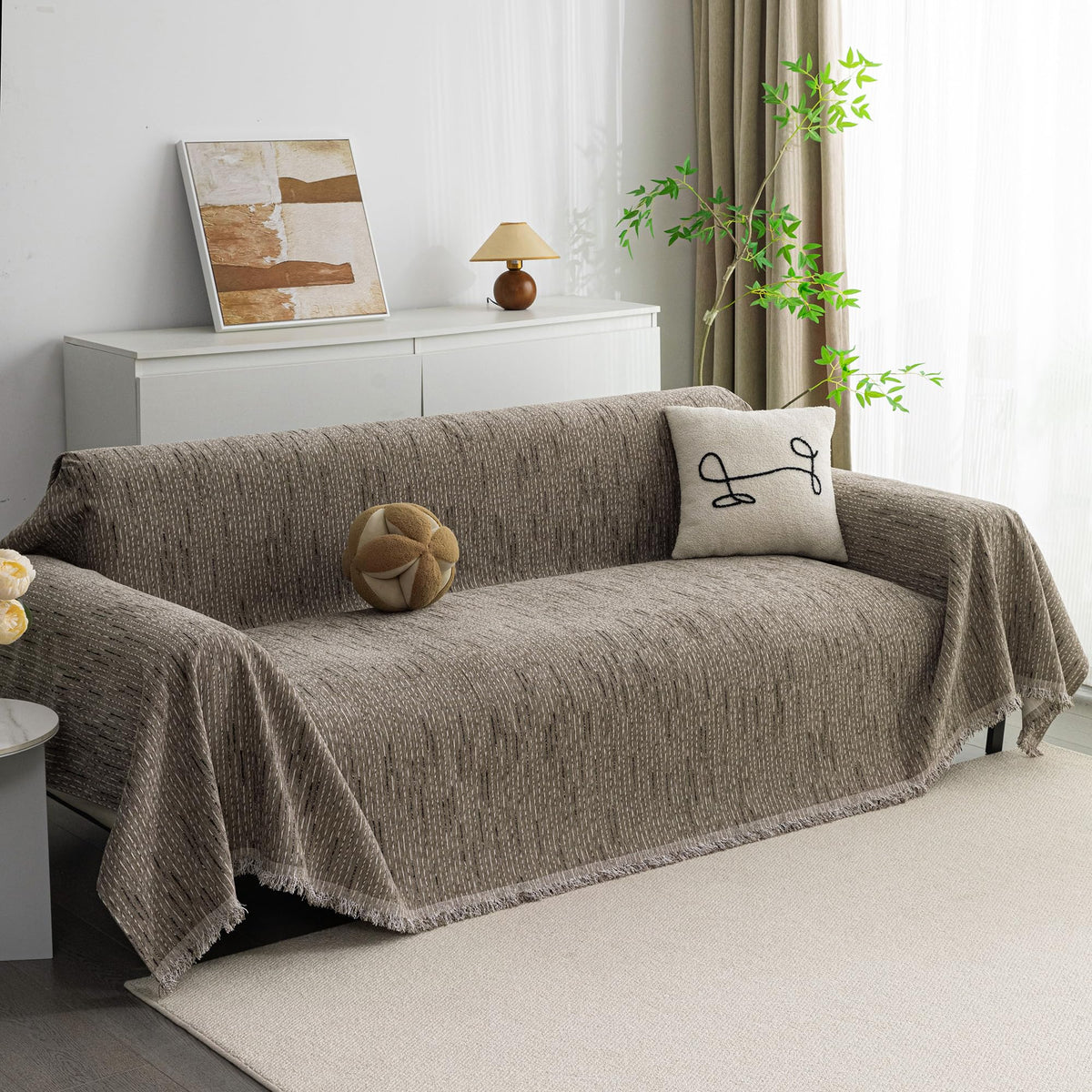 MYSKY HOME Couch Cover for Dogs, Washable Couch Covers, Non Slip Couch Sofa Cover, Couch Cover 2 Cushion Sofa Dogs Furniture Protector with Tassels Chenille Sofa Covers for Pets, 71"x118", Moss Green