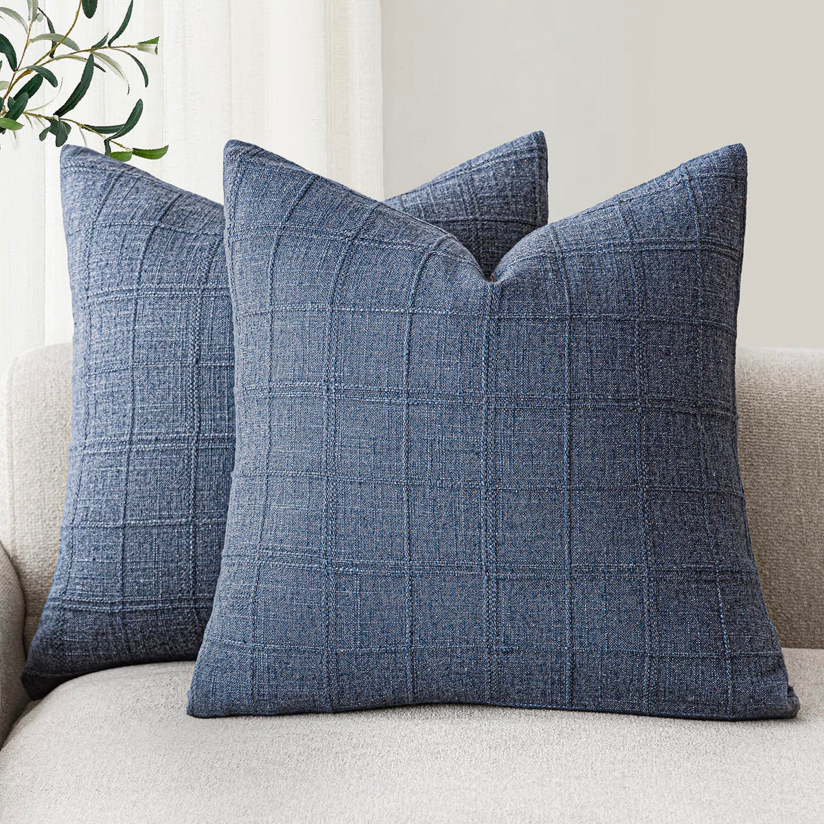 Foindtower Linen Check Decorative Throw Pillow Covers 18×18 Natural Beige