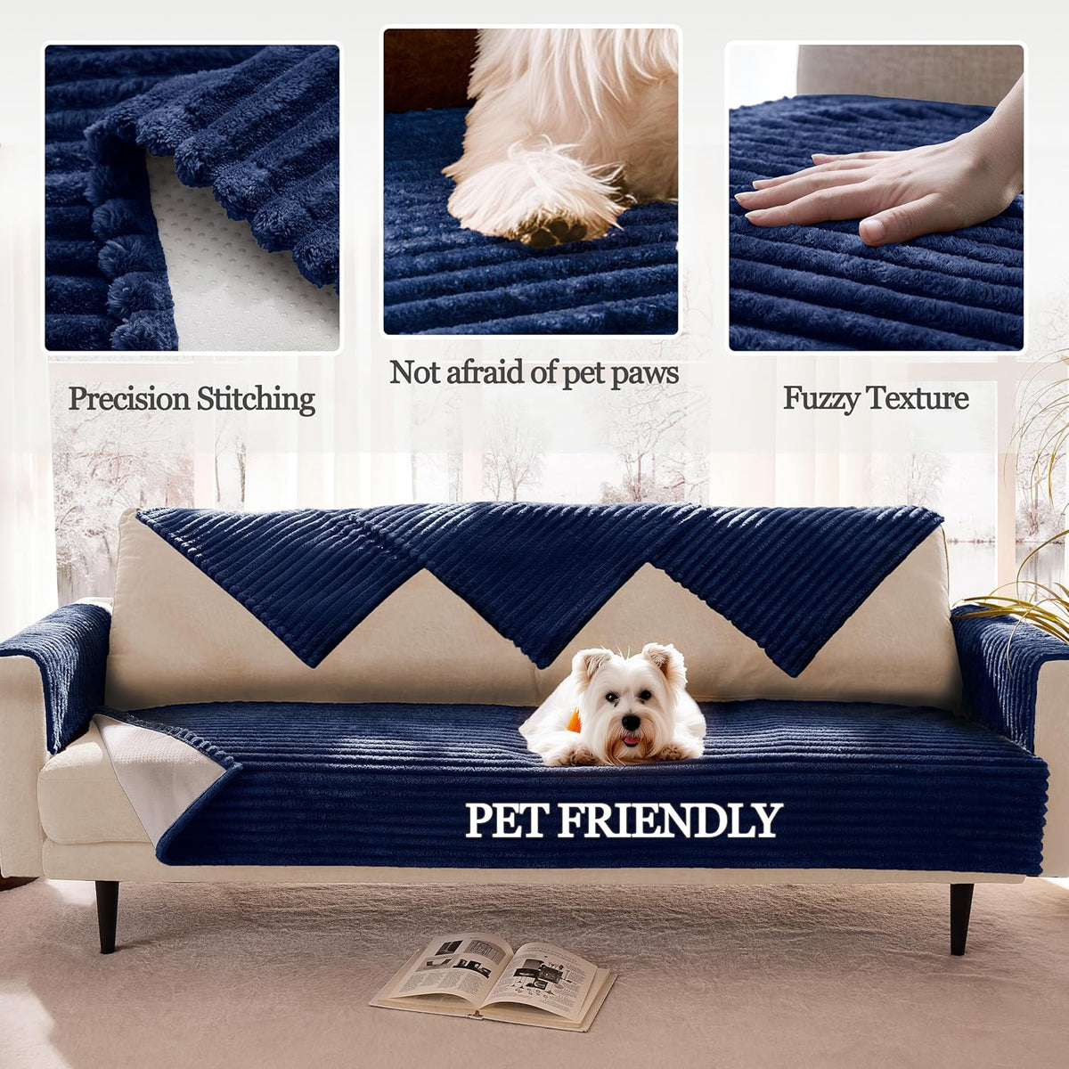 Dual Non-Slip Couch Cover for Dogs Waterproof, Fuzzy Soft Pet Couch Covers for Sofa 3 Cushion, Pet Friendly Soft Dog Bed Covers Sofa Cover Washable (Navy Blue, 33" x 75" 1 Pack)