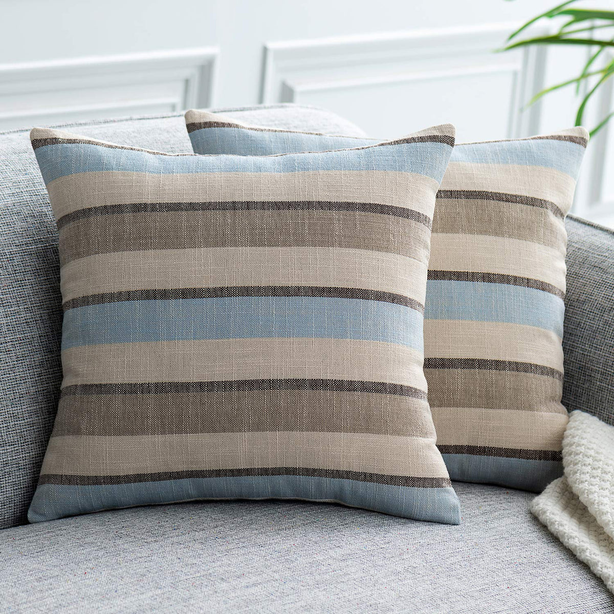 2 Pieces Decorative Classic Retro Stripe Throw Pillow Cover Soft Faux Linen Modern Farmhouse Lumbar Cushion Case for Sofa Bedroom Car 12 x 20 Inch Grey Blue Mixed