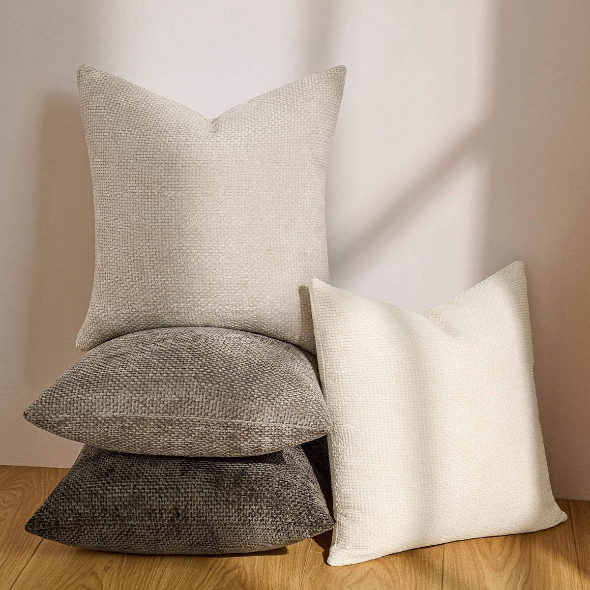 Throw Pillow Covers 18x18 Inch Pack of 4 Neutral Soft Decorative Chenille Pillow Covers Farmhouse Boho Couch Pillow Covers for Home Decor Sofa Bedroom Living Room Decor