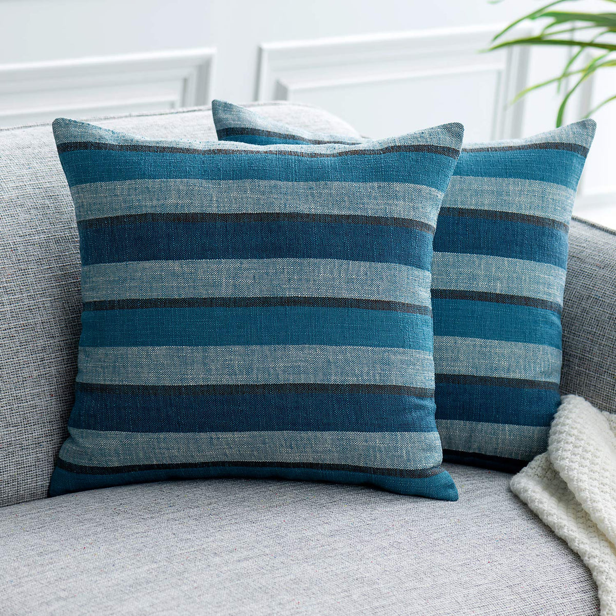 2 Pieces Decorative Classic Retro Stripe Throw Pillow Cover Soft Faux Linen Modern Farmhouse Lumbar Cushion Case for Sofa Bedroom Car 12 x 20 Inch Grey Blue Mixed