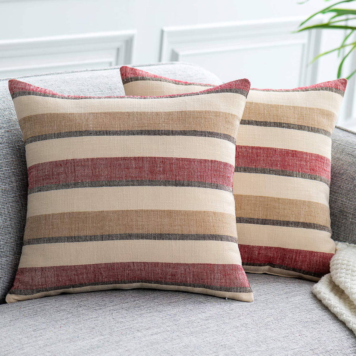 2 Pieces Decorative Classic Retro Stripe Throw Pillow Cover Soft Faux Linen Modern Farmhouse Lumbar Cushion Case for Sofa Bedroom Car 12 x 20 Inch Grey Blue Mixed