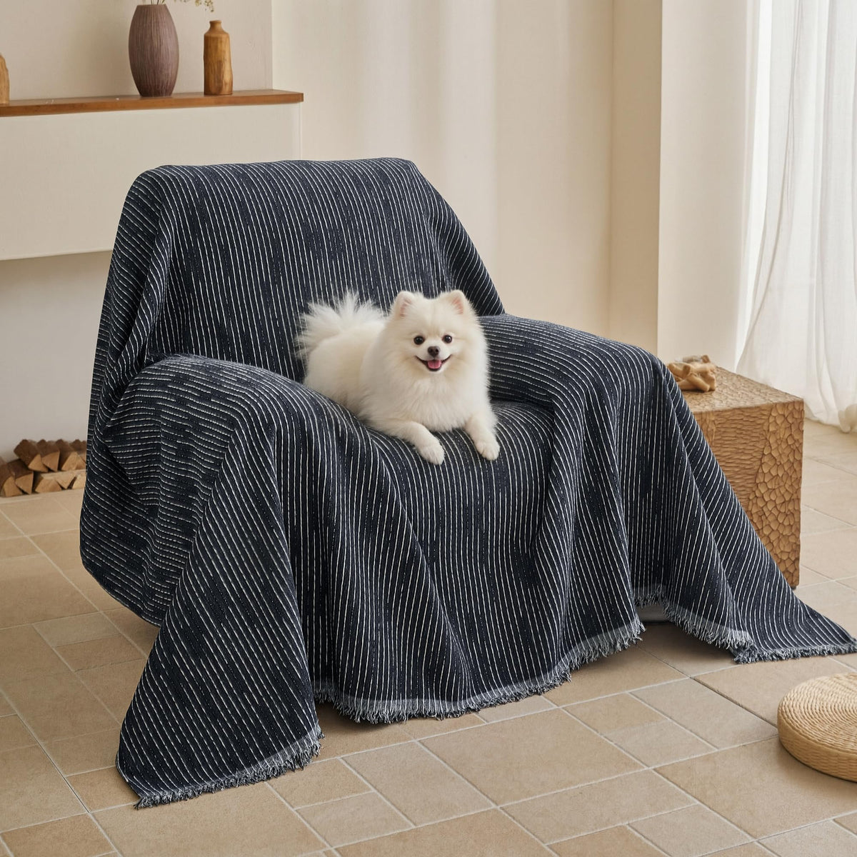 MYSKY HOME Couch Cover for Dogs, Washable Couch Covers, Non Slip Couch Sofa Cover, Couch Cover 2 Cushion Sofa Dogs Furniture Protector with Tassels Chenille Sofa Covers for Pets, 71"x118", Moss Green
