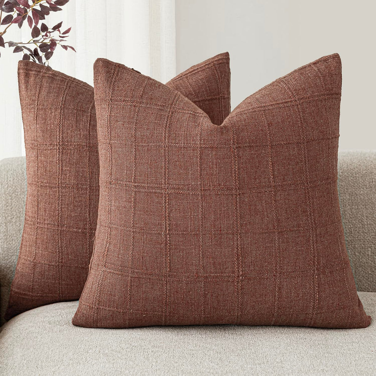 Foindtower Linen Check Decorative Throw Pillow Covers 18×18 Natural Beige