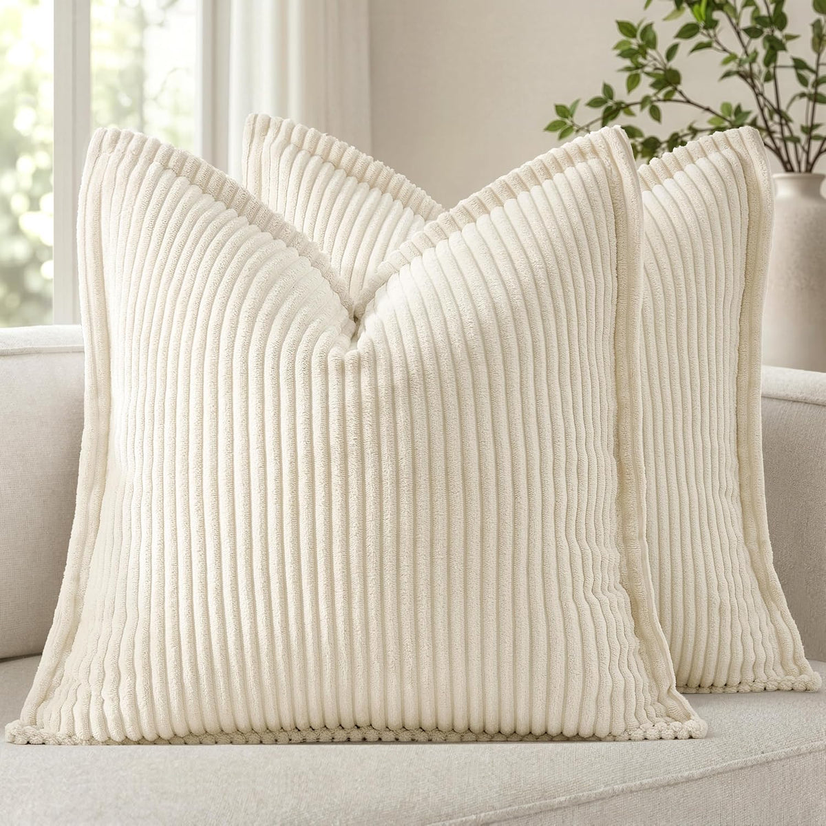 MIULEE Couch Pillow Covers 18x18 Cream White Textured Corduroy