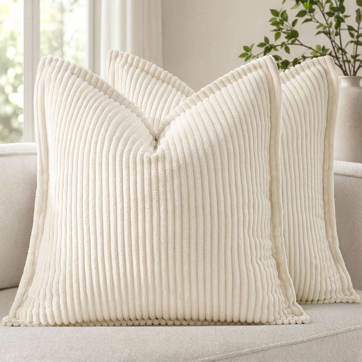 MIULEE Couch Pillow Covers 18x18 Cream White Textured Corduroy