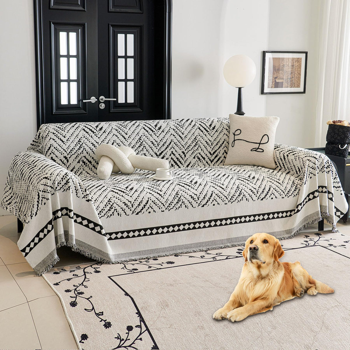 HAOMAIJIA Non Slip couch cover sofa covers for 3 cushion couch Washable sectional couch covers for Dogs pet Furniture Protector Couch Cover Blanket for Living Room (Off white, 91"x150")