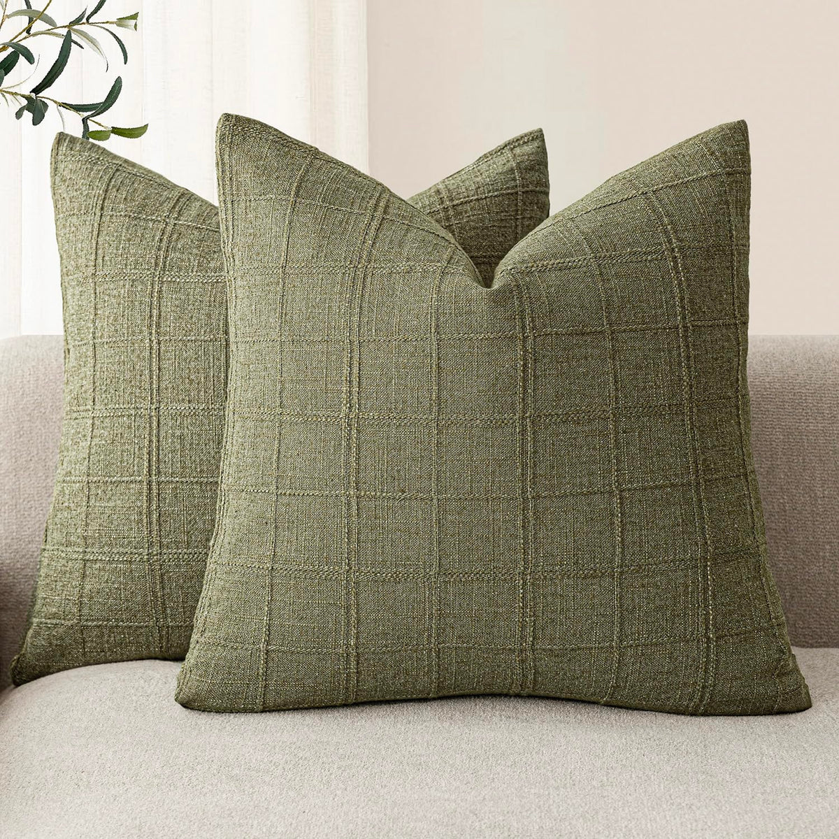 Foindtower Linen Check Decorative Throw Pillow Covers 18×18 Natural Beige