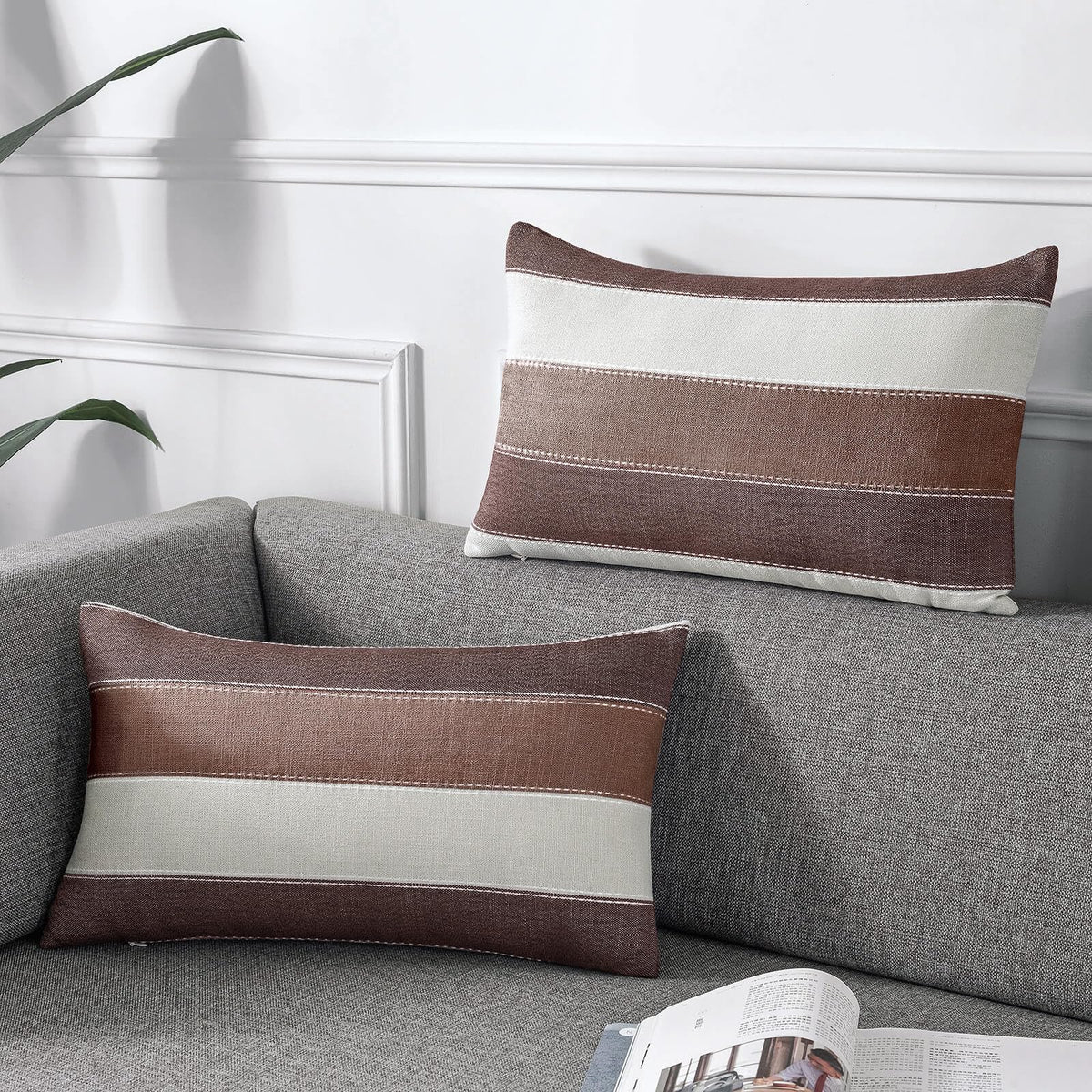 AmHoo Pack of 2 Farmhouse Stripe Check Throw Pillow Covers Set Case Cotton Linen Decorative Pillowcases Cushion Cover for Couch Bench Sofa 18x18Inch Dark Grey Beige